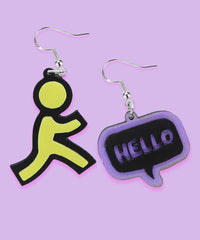 retro y2k style yellow and purple acrylic light weight laser cut acrylic hello speech bubble and yellow AOL cyber  earrings 