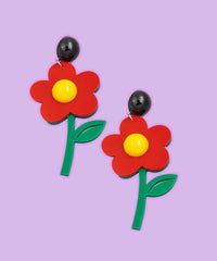 red pink yellow green floral flower daisy retro stud earrings 