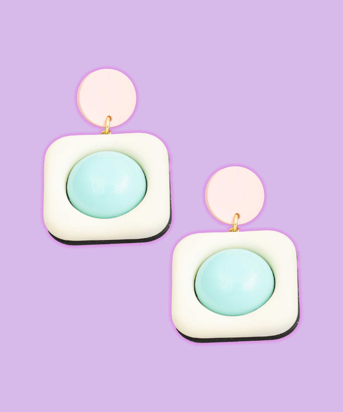 white pastel pink and baby blue minimalist retro throwback y2k vintage pinup space, minimalist square pastel stud earrings 